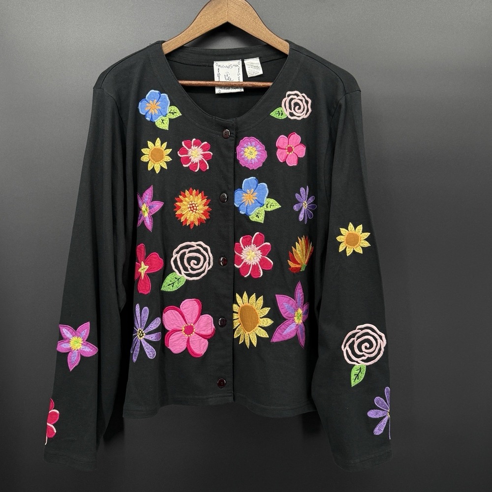 Michael Simon Lite Cardigan Sweater 2X Black Floral Embroidered Applique Cotton